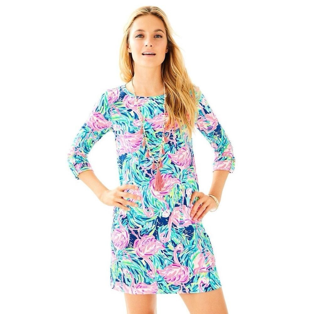 NWT Lilly Pulitzer Linden Multi Flamenco‎ Beach A-Line T-Shirt Cotton Dress